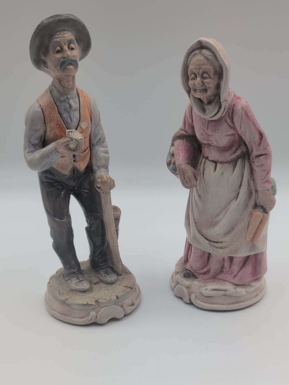 Vintage Ceramic Elderly Couple Figurines - Pink & Black
